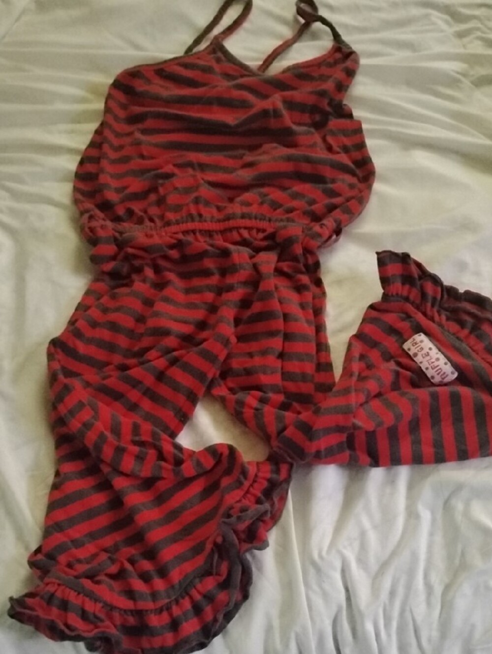 Ruffle Girl Pink Polka Dot Label Red & Black Striped Ruffle Bell Bottom Romper